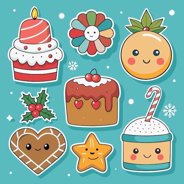 Una colección de lindos dibujos animados de Navidad que incluyen un pastel de pan de jengibre corazón una estrella un bastón de caramelo y un muñeco de nieve