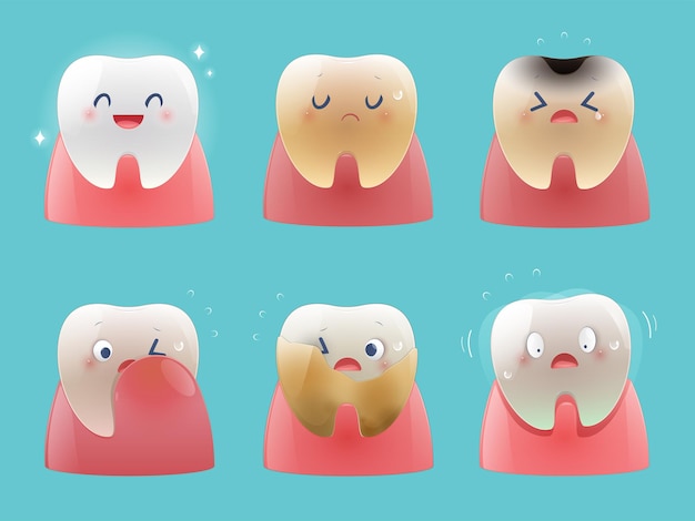 Vector colección de lindos dientes. problemas dentales de salud total, ilustración