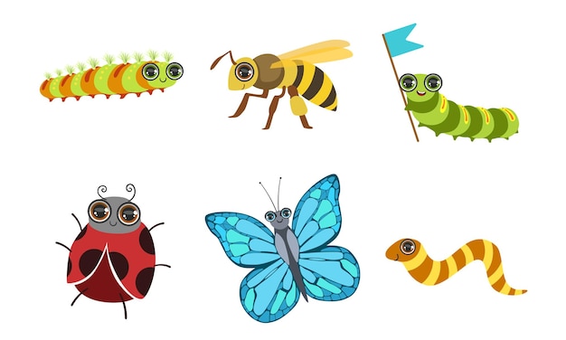 Colección de lindos y divertidos insectos de dibujos animados Conjunto de mariposas mariposas ciervos escarabajos avispas Ilustración vectorial