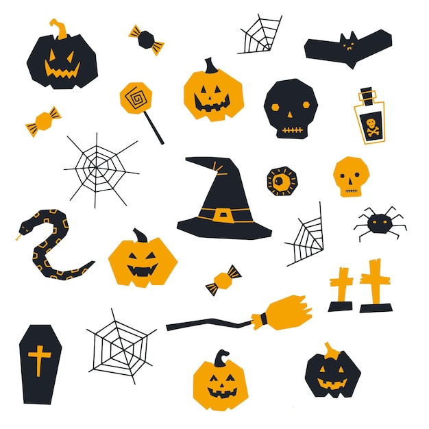 Colección de lindos elementos vectoriales de garabatos de Halloween como la escoba de escamas de araña de calabaza