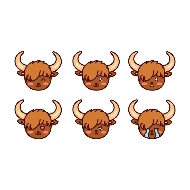 Una colección de lindos emoticonos de yak con diferentes expresiones Cara divertida de emoji de yak Dibujos animados simples