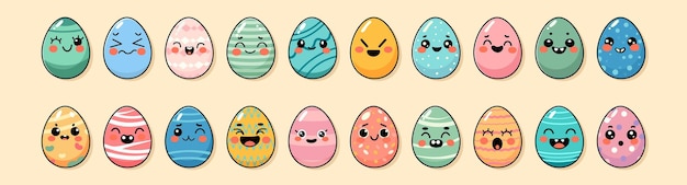 Vector una colección de lindos huevos de pascua con varios patrones y caras expresivas ilustración vectorial en un fondo beige cálido concepto de celebración de pascua ilustración vectoria