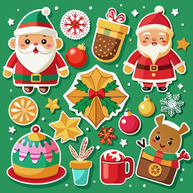 Una colección de lindos iconos navideños sobre un fondo verde