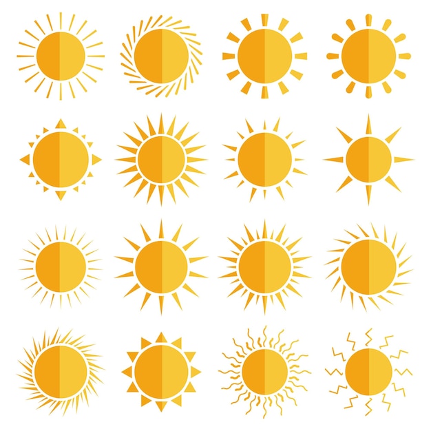 Colección de lindos iconos de sol de diseño plano