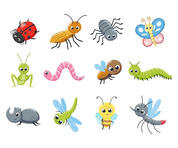 Una colección de lindos insectos. Errores divertidos, oruga, mosca, abeja, mariquita, araña, mosquito. Ilustración vectorial de dibujos animados.