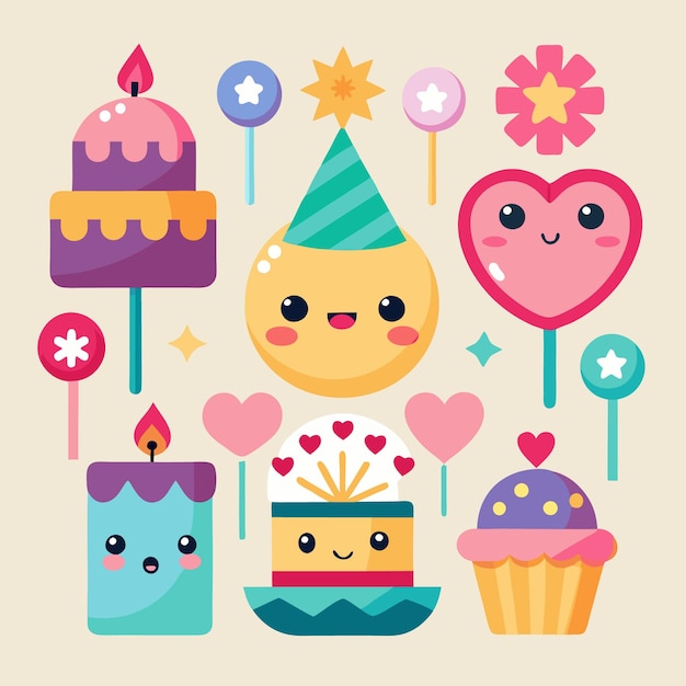 Una colección de lindos objetos con temática de cumpleaños, incluidos pasteles, velas, piruletas y corazones