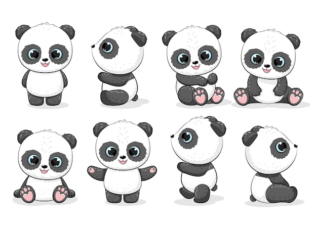 Colección de lindos pandas. ilustración vectorial de una caricatura.