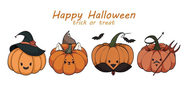 Colección de lindos personajes de calabaza disfrazados para Halloween. Feliz Halloween, truco o trato.