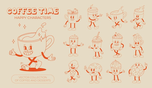 Colección lindos personajes de dibujos animados de café para llevar y pasteles donut galleta con chispas de chocolate helado y cupcake Ilustración vectorial Postres aislados comida y bebida en estilo retro nostálgico