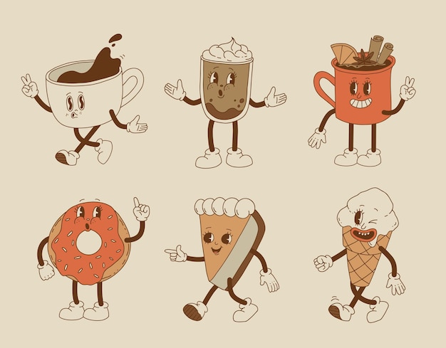 Colección lindos personajes de dibujos animados de café para llevar y pasteles donut galleta con chispas de chocolate helado y cupcake Ilustración vectorial Postres aislados comida y bebida en estilo retro nostálgico