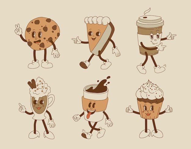 Colección lindos personajes de dibujos animados de café para llevar y pasteles donut galleta con chispas de chocolate helado y cupcake Ilustración vectorial Postres aislados comida y bebida en estilo retro nostálgico