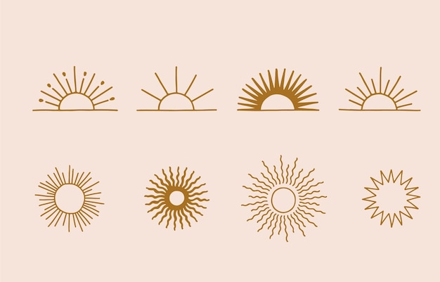 Colección, de, línea, diseño, con, sun., Editable, vector, ilustración, para, sitio web, etiqueta, tatuaje, icono