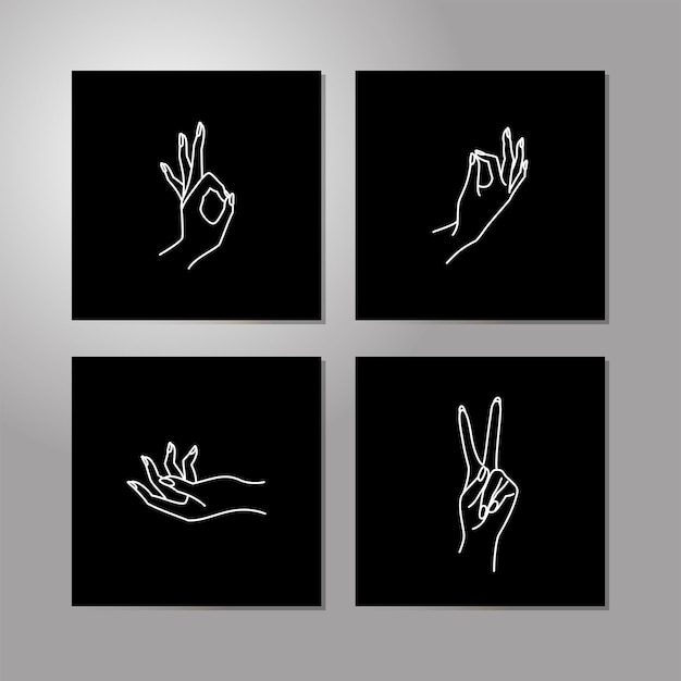 Colección de línea de mano de mujer. Ilustración vectorial de manos femeninas de diferentes gestos: victoria, está bien. Lineart en un estilo minimalista de moda. Diseño de logotipos, crema de manos, nail Studio, carteles, tarjetas.