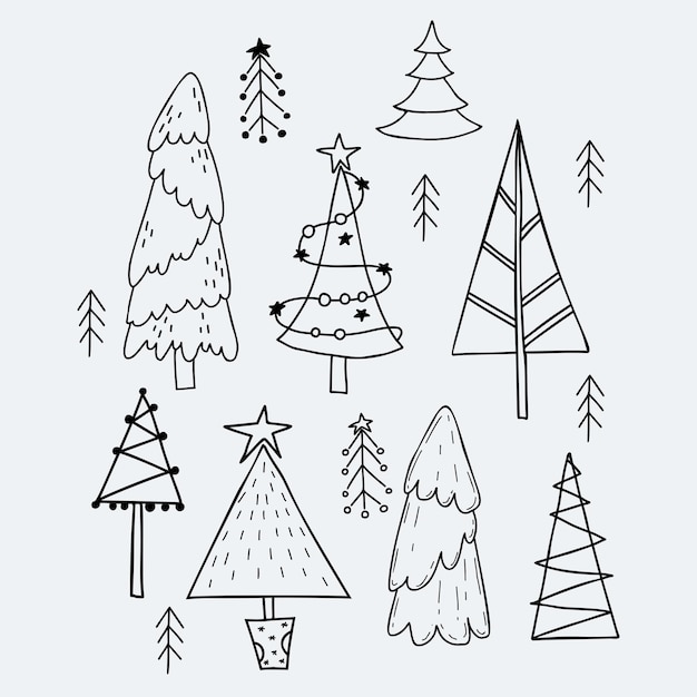 Colección lineal de árboles de Navidad Esquema Dibujado a mano