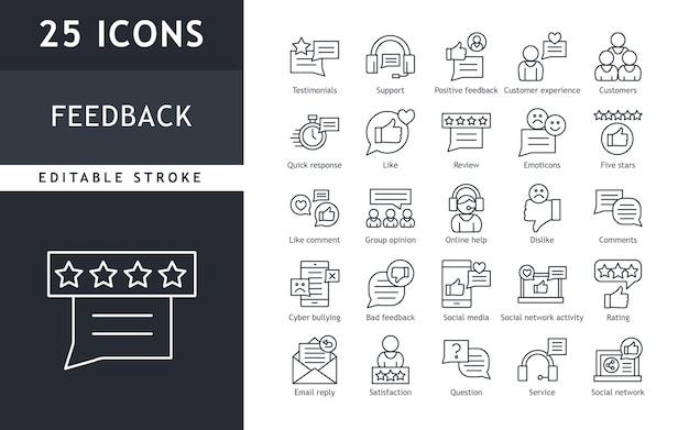 Vector la colección de líneas delgadas contiene iconos como testimonios de calificación de revisión