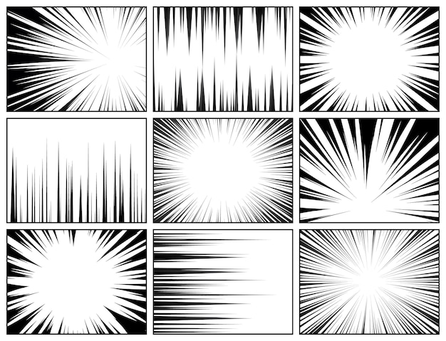 Colección de líneas radiales de cómics fondo de cómics con ilustración vectorial de líneas de velocidad de movimiento