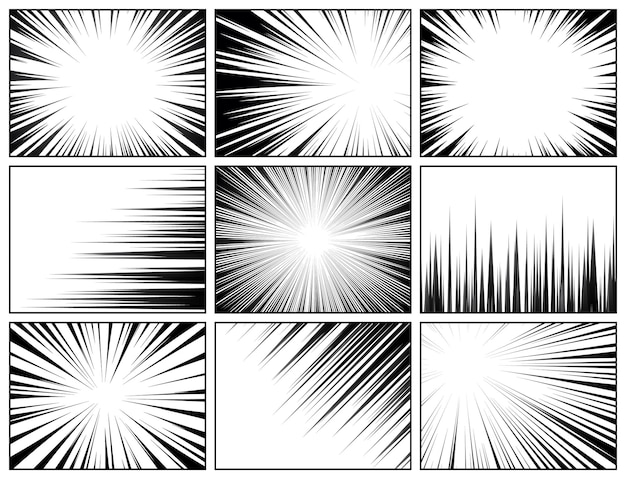 Colección de líneas radiales de cómics fondo de cómics con ilustración vectorial de líneas de velocidad de movimiento