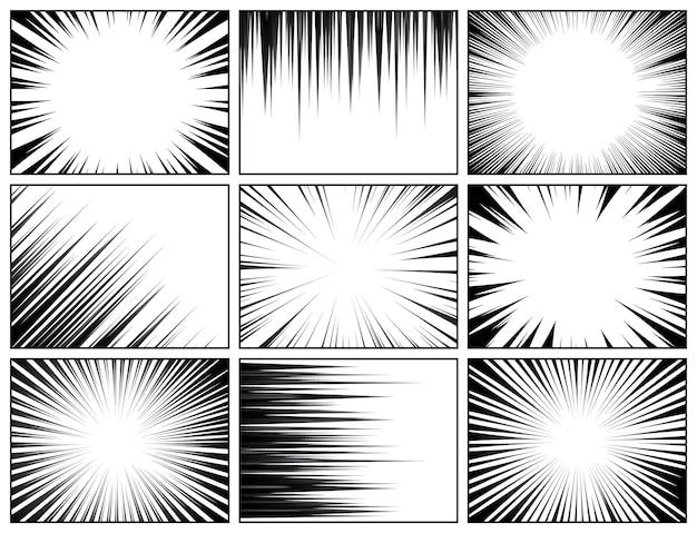 Colección de líneas radiales de cómics fondo de cómics con ilustración vectorial de líneas de velocidad de movimiento
