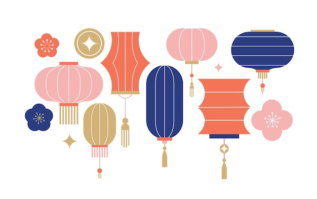 Colección de linternas chinas Año Nuevo Chino Festival de Medio Otoño bandera de fondo y tarjeta de felicitación Diseño geométrico minimalista plano