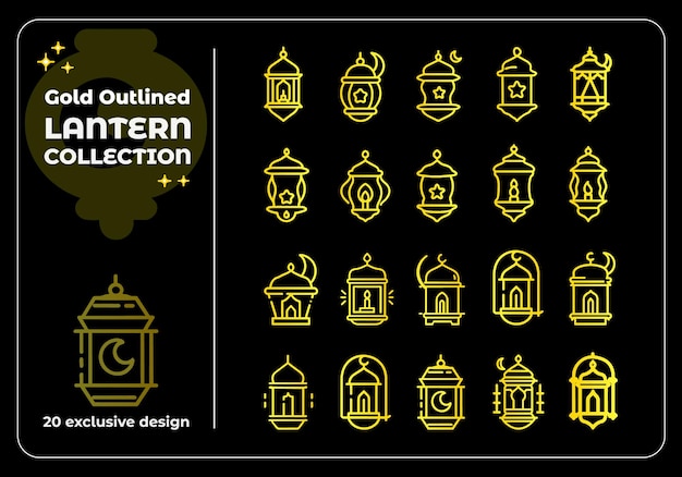 Colección de linternas doradas Ilustración vectorial Lámparas colgantes vintage para plantilla de Ramadán árabe