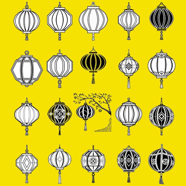 Colección de linternas de inspiración asiática en blanco y negro