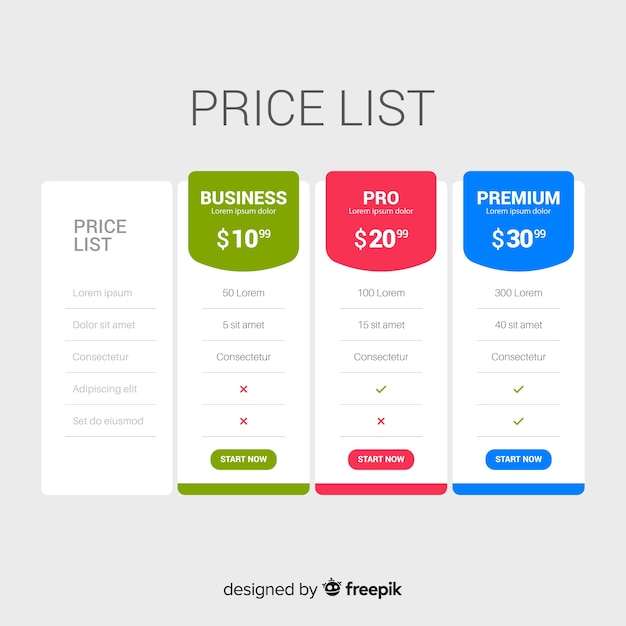 Vector colección de listas de precios diseño plano