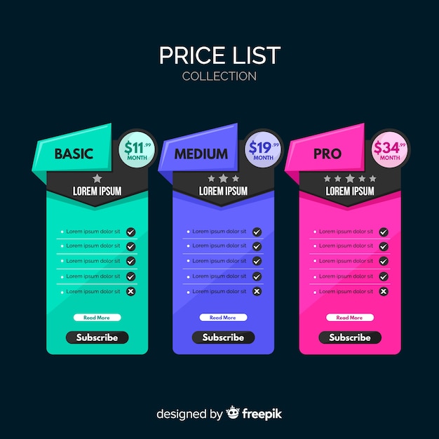 Vector colección de listas de precios diseño plano