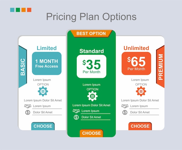 Vector colección de listas de precios planos de vectores de opciones de planes de precios