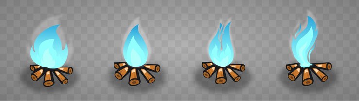Vector colección de llamas azules transparentes en fondo oscuro conjunto de elementos de fuego azul