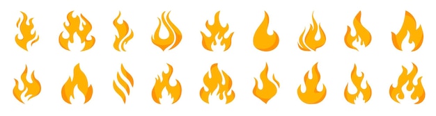 Colección de llamas de diferentes formas. Conjunto de fuego ardiente, iconos vectoriales de llamas. Llama de fuego rojo y naranja. Llama, signos de Vector de fuego. Iconos de llamas. Energía y poder. Caliente llameante