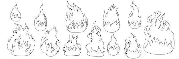 Vector colección de llamas de garabato dibujadas a mano contorno de fuego dibujado a mano aislado sobre fondo blanco vector