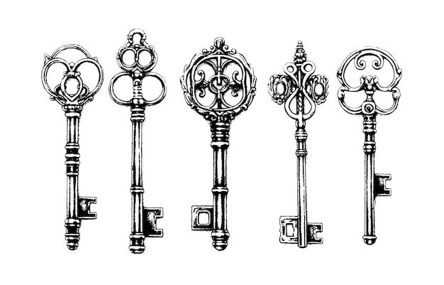 Colección de llaves victorianas ilustración vintage Juego de cerraduras góticas medievales Llaves vectoriales en grabado