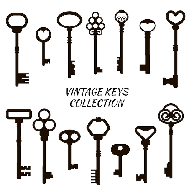 Colección de llaves vintage. siluetas negras aisladas