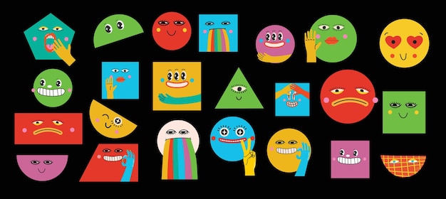 Colección de locos personajes cómicos abstractos elementos geométricos y caras colores brillantes estilo de dibujos animados ilustración vectorial