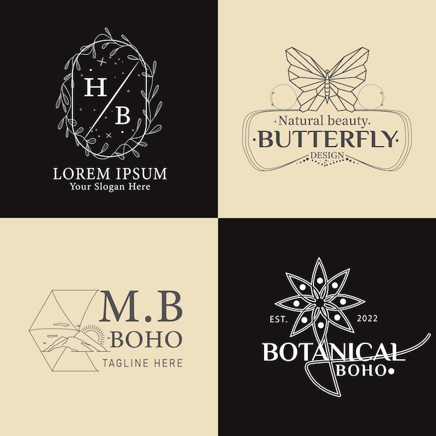 Colección de logo boho dibujado a mano con flor, sol, luna, montaña, mano, texto, mariposa