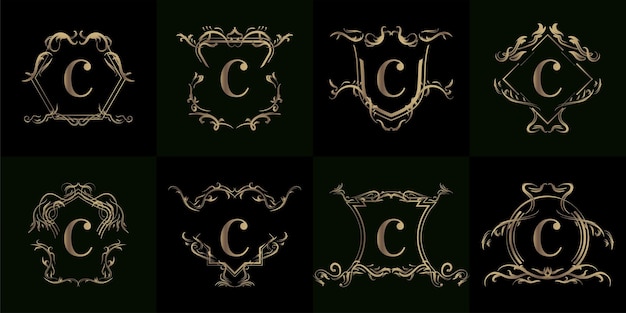 Colección de logo inicial c con adorno de lujo o marco de flores