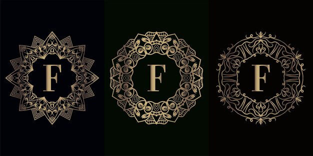 Colección de logo inicial f con marco de adorno de mandala de lujo