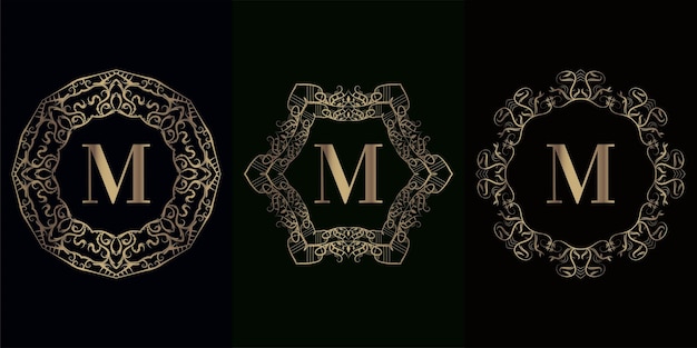 Colección de logo inicial M con marco de adorno de mandala de lujo