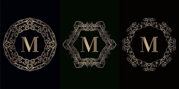 Colección de logo inicial m con marco de adorno de mandala de lujo