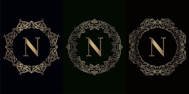 Colección de logo inicial N con marco de adorno de mandala de lujo