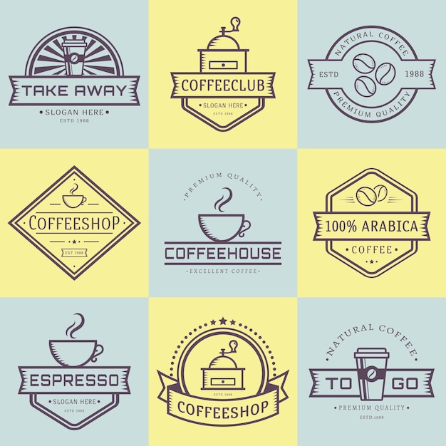 Colección de logos de café. plantillas en estilo de contorno. conjunto de etiquetas retro para cafetería o cafetería. logotipos aislados en amarillo y azul. ilustración.