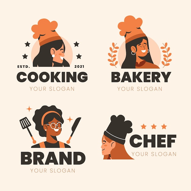 Colección de logos de chef mujer plana