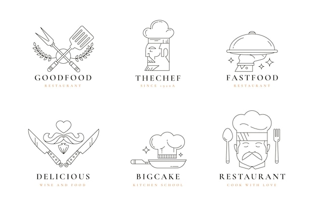 Colección de logos de chef planos lineales