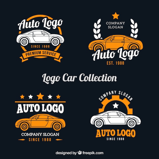 Colección de logos de coches con elementos naranjas