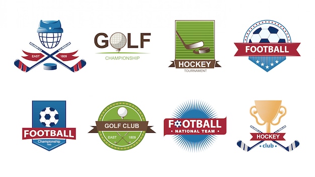 Colección de logos de fútbol. golf set emblemas. insignias de etiquetas de hockey.