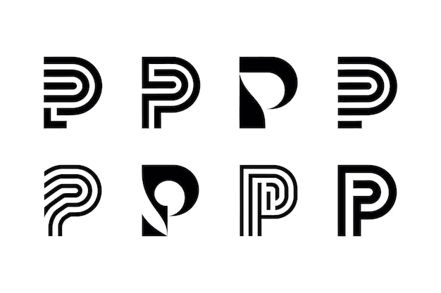Colección de logos modernos minimalistas de la letra inicial P sobre un fondo blanco sólido