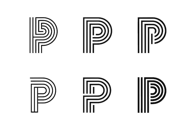 Colección de logos modernos minimalistas de la letra inicial P sobre un fondo blanco sólido