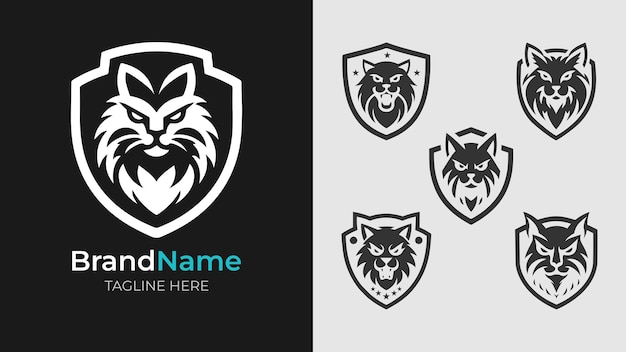 Colección de logos monocromáticos feroces con cabezas de gatos enojados dentro de los escudos