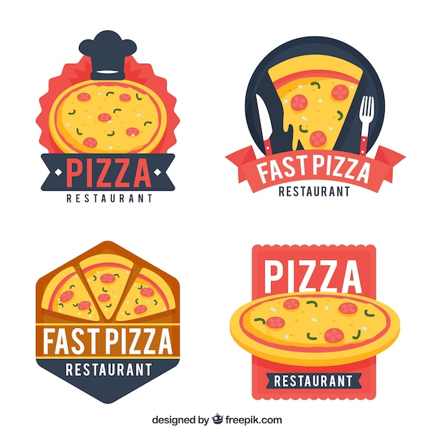 Colección de logos de pizza coloridos con diseño plano