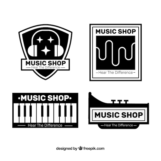 Colección de logos de tienda de música con diseño plano